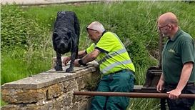 Damaged stalking dog sculpture removed for repairs